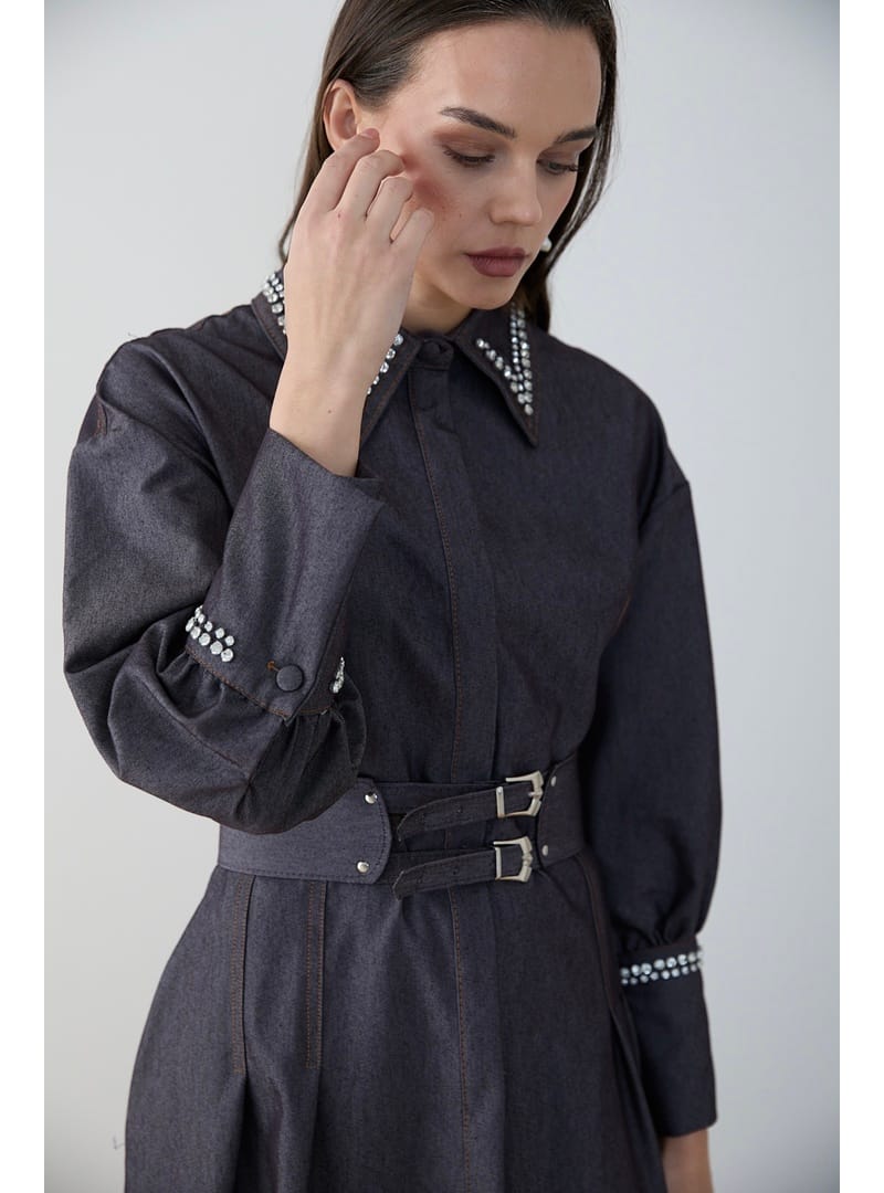 Taşlı Denim Elbise 32-2797 MÜRDÜM - Resim 4