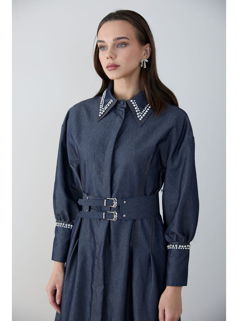 Taşlı Denim Elbise 32-2797 LACİVERT - Resim 2