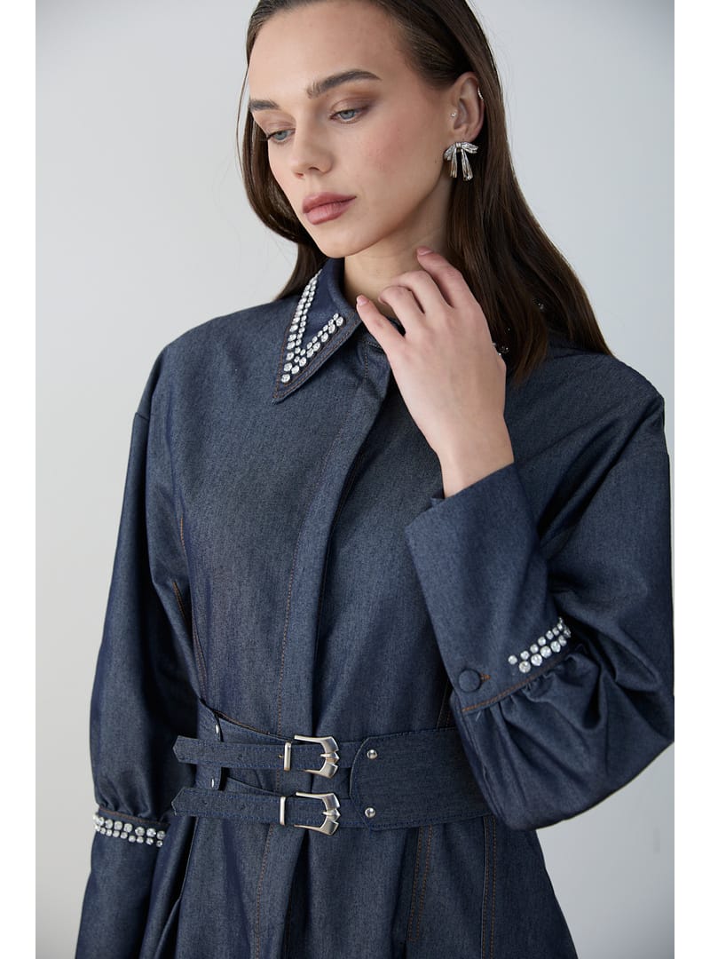 Taşlı Denim Elbise 32-2797 LACİVERT - Resim 4