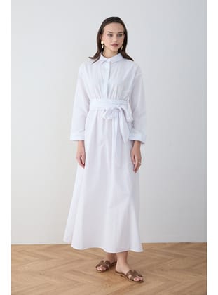 Kuşaklı Poplin Elbise 68-6302 BEYAZ