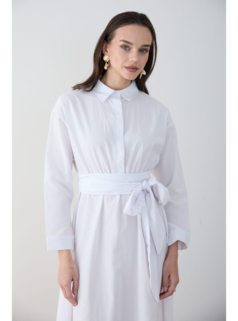 Kuşaklı Poplin Elbise 68-6302 BEYAZ - Resim 2