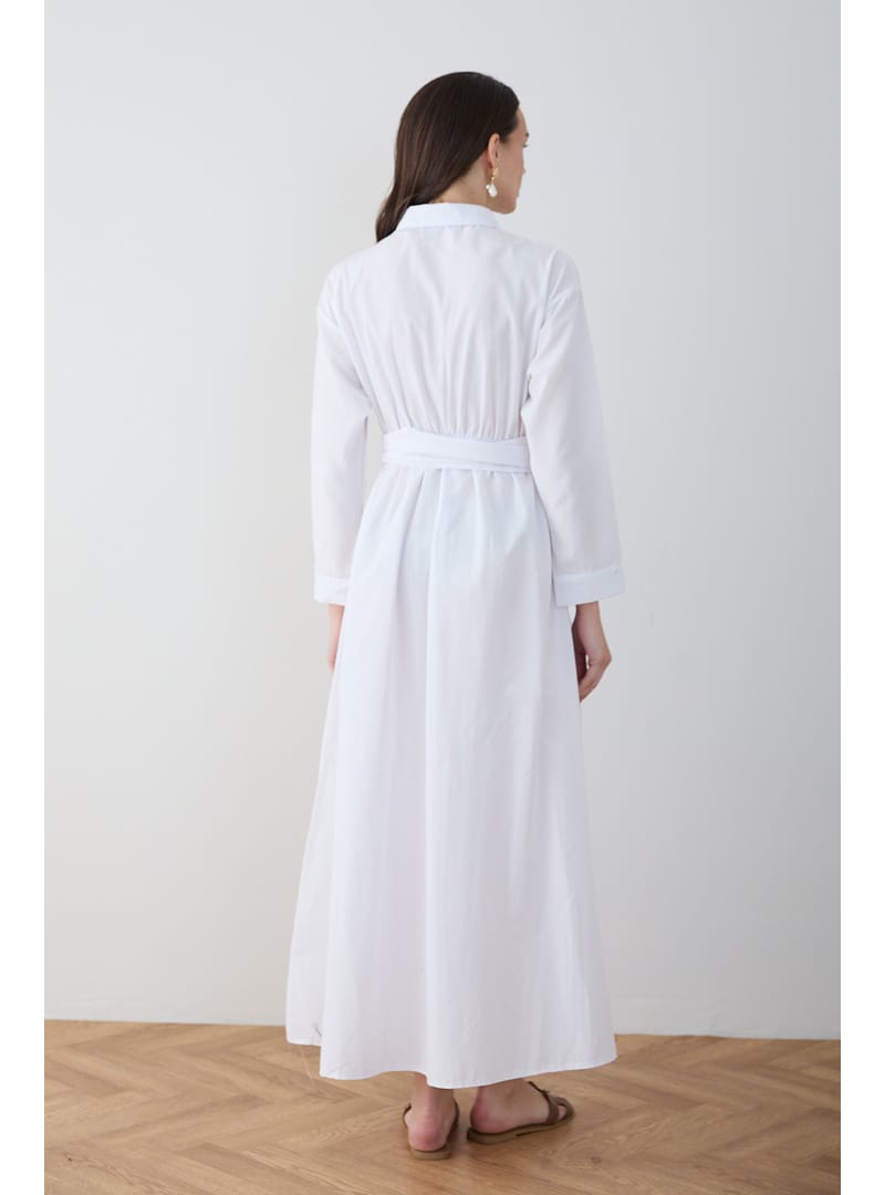 Kuşaklı Poplin Elbise 68-6302 BEYAZ - Resim 3