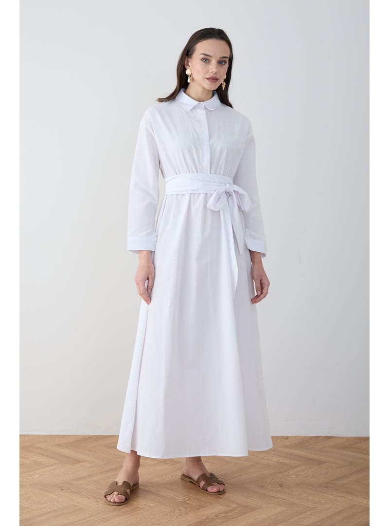 Kuşaklı Poplin Elbise 68-6302 BEYAZ - Resim 4