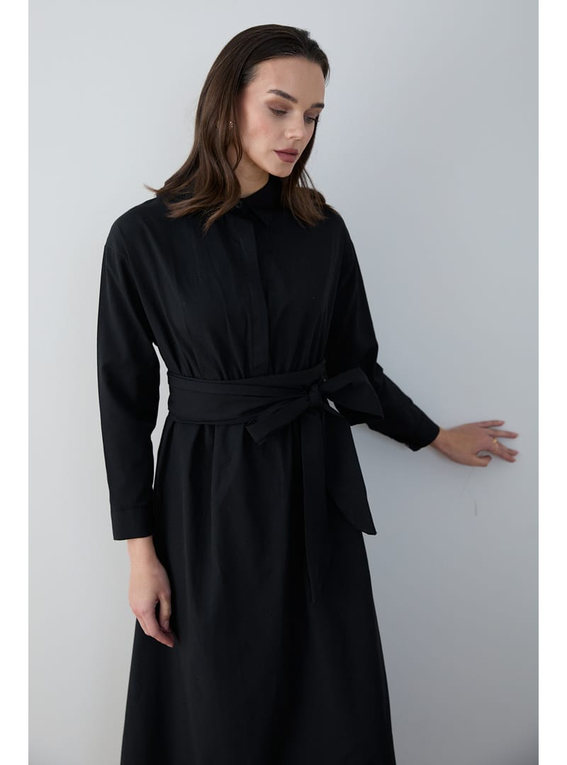 Kuşaklı Poplin Elbise 68-6302 SİYAH - Resim 2