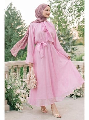 Fularlı Geniş Kol Pembe Elbise