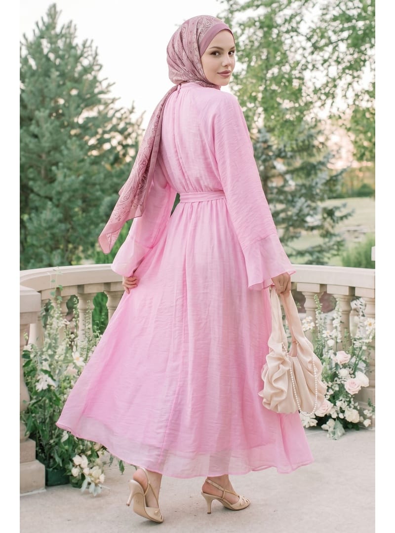 Fularlı Geniş Kol Pembe Elbise - Resim 2