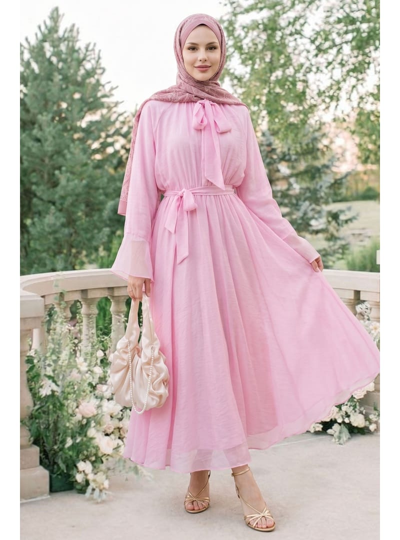 Fularlı Geniş Kol Pembe Elbise - Resim 3
