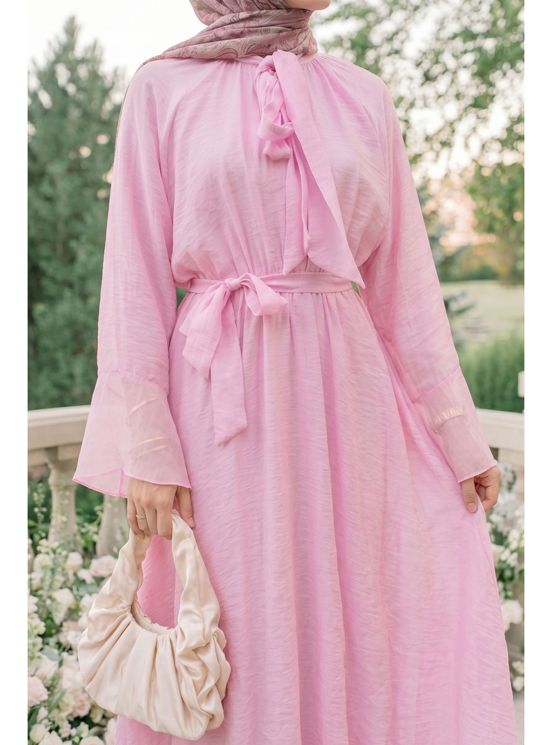 Fularlı Geniş Kol Pembe Elbise - Resim 4