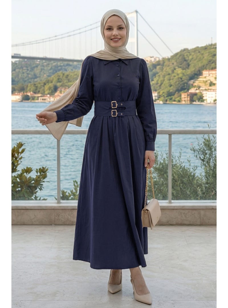 Çift Toka Kemerli Lacivert Elbise - Resim 3