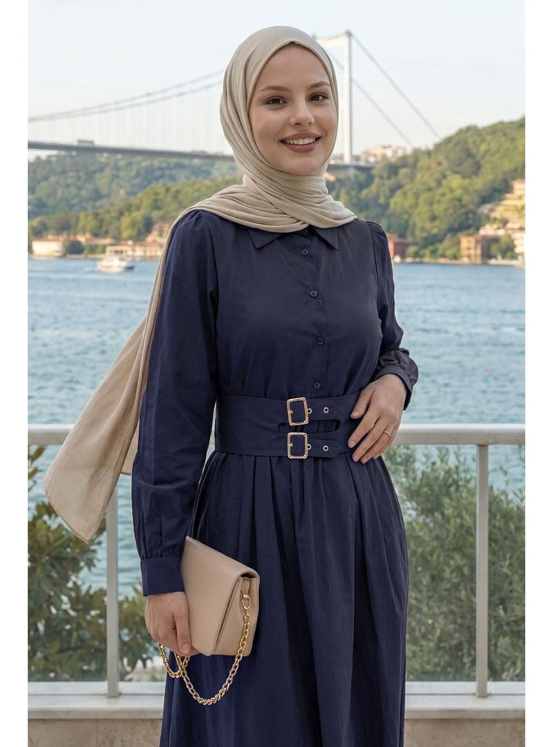 Çift Toka Kemerli Lacivert Elbise - Resim 4