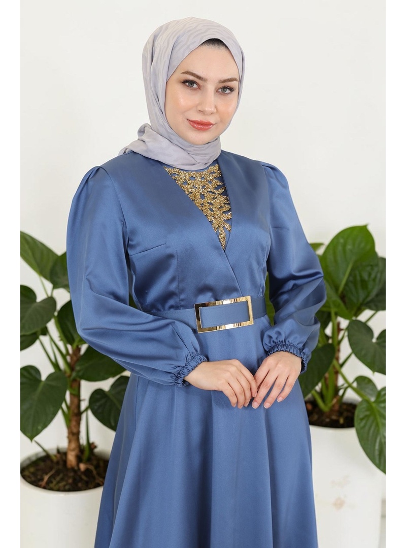 Taş Detaylı Saten Abiye Mavi 19901 - Resim 2