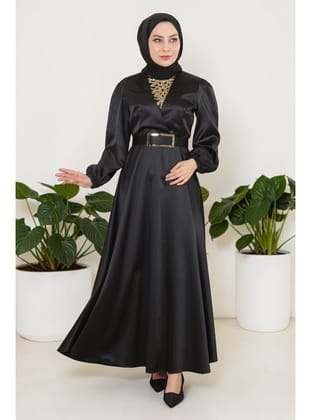 Taş Detaylı Saten Abiye Siyah 19901