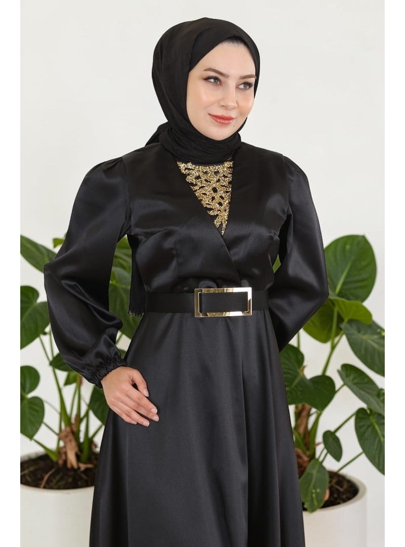 Taş Detaylı Saten Abiye Siyah 19901 - Resim 2