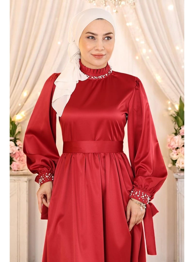 İncili Saten Abiye Bordo 19121 - Resim 2