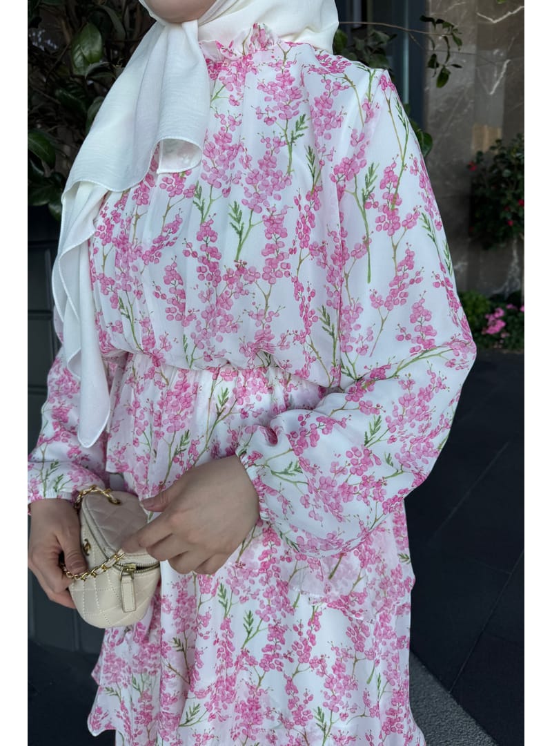 Pembe Bel Lastikli Eteği Katlı Şifon Elbise - Resim 4