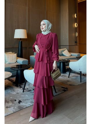 Bordo Eteği Katlı Abiye