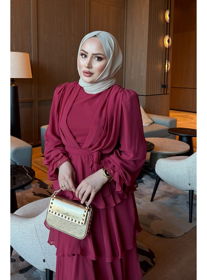 Bordo Eteği Katlı Abiye - Resim 2