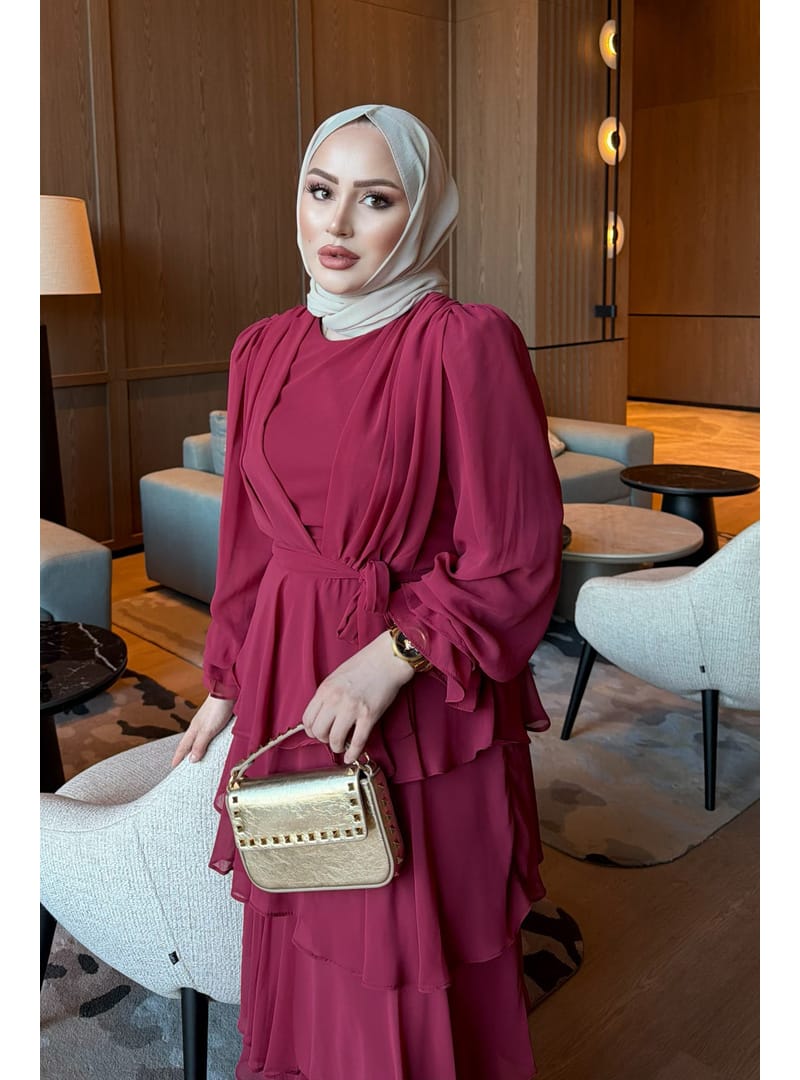 Bordo Eteği Katlı Abiye - Resim 3
