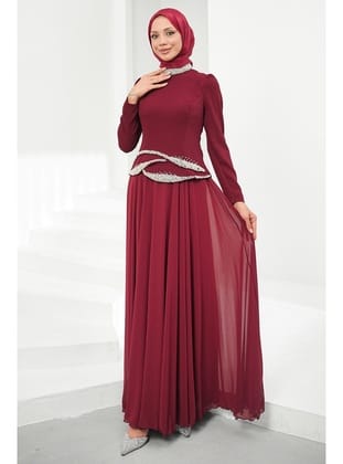 Bordo İnci İşlemeli Abiye