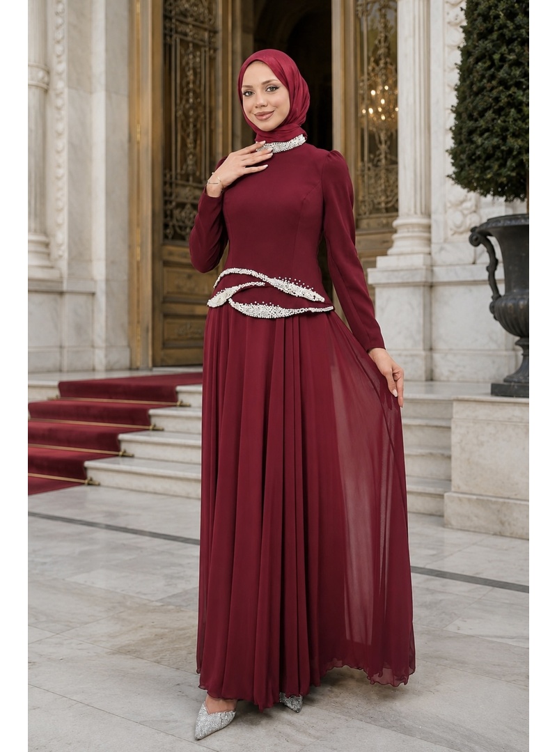 Bordo İnci İşlemeli Abiye - Resim 2