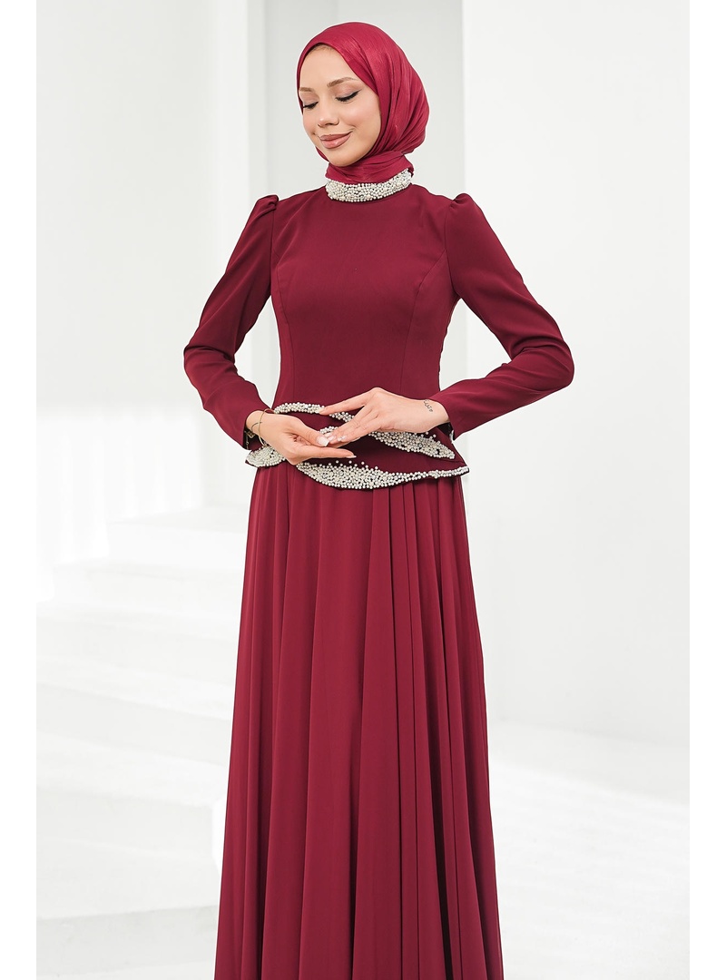 Bordo İnci İşlemeli Abiye - Resim 3