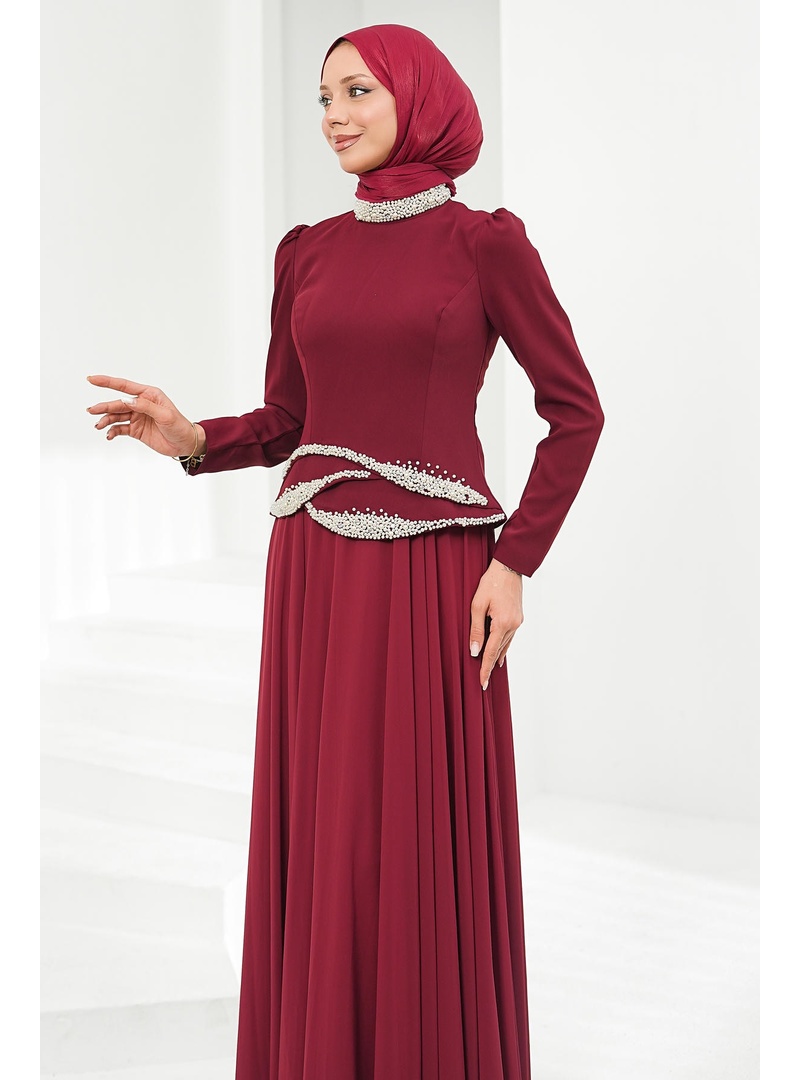 Bordo İnci İşlemeli Abiye - Resim 4