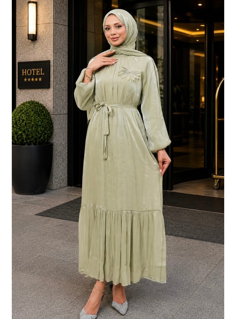Mint Yeşili Çiçek Bronşlu Şifon Elbise - Resim 2