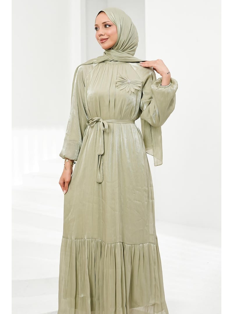 Mint Yeşili Çiçek Bronşlu Şifon Elbise - Resim 3