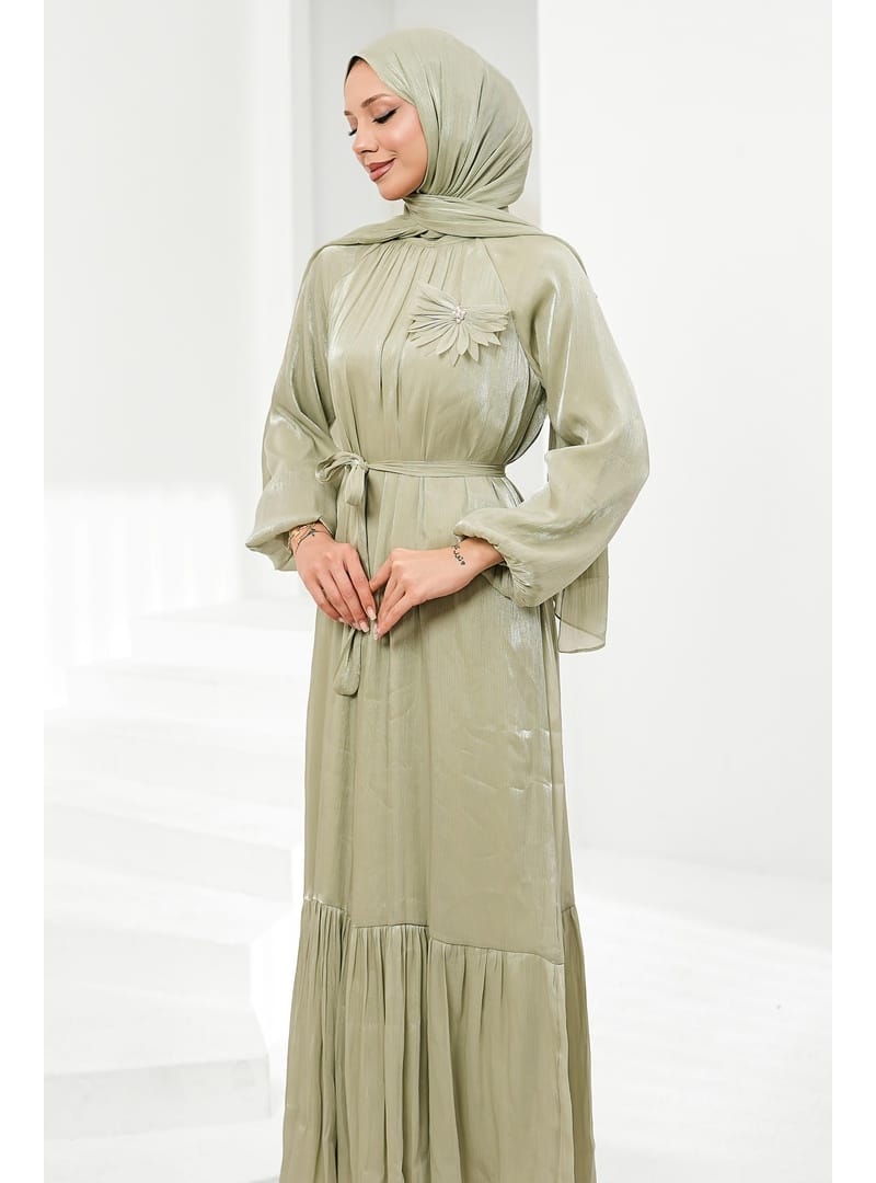Mint Yeşili Çiçek Bronşlu Şifon Elbise - Resim 4