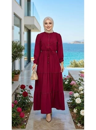Kadın Dantel Detaylı Beli Bağcıklı Ayrobin Bordo Elbise