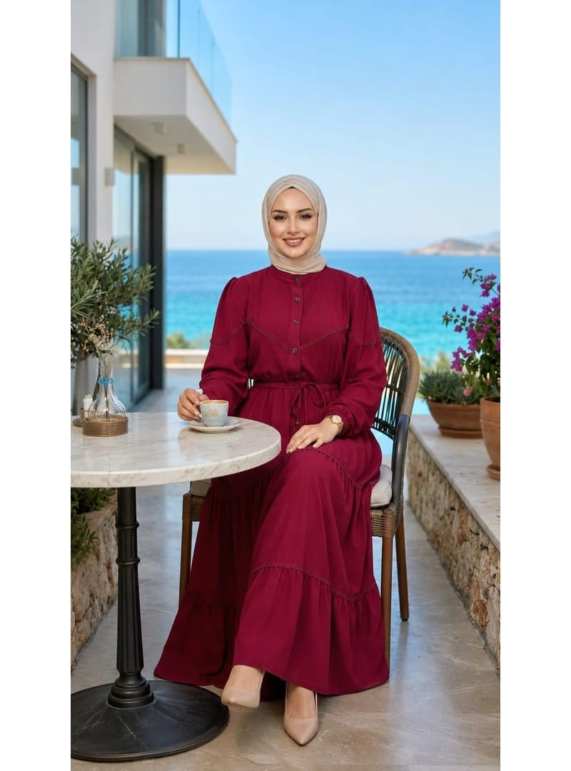 Kadın Dantel Detaylı Beli Bağcıklı Ayrobin Bordo Elbise - Resim 2