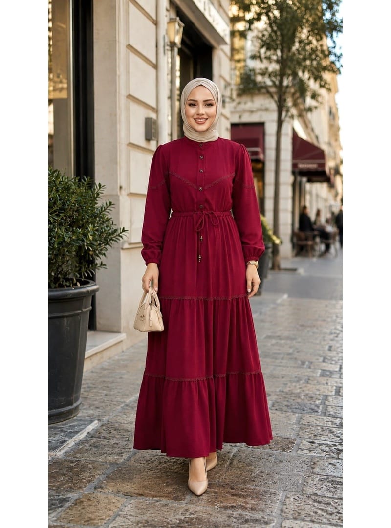 Kadın Dantel Detaylı Beli Bağcıklı Ayrobin Bordo Elbise - Resim 4
