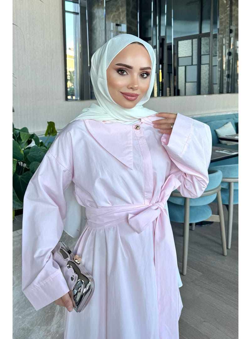 Pembe Yaka Detaylı Poplin Elbise - Resim 3