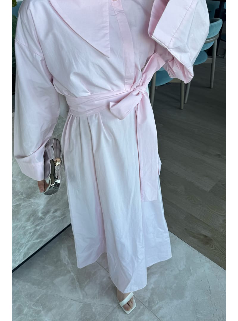 Pembe Yaka Detaylı Poplin Elbise - Resim 4