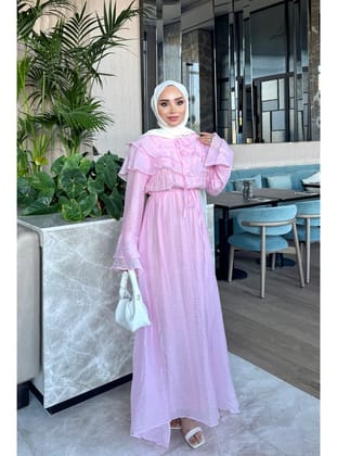 Pembe Yaka Fırfırlı Bel Lastikli Elbise