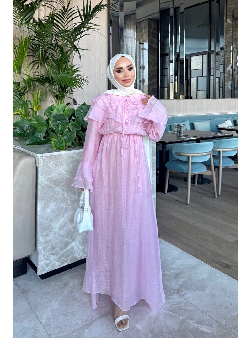 Pembe Yaka Fırfırlı Bel Lastikli Elbise - Resim 2