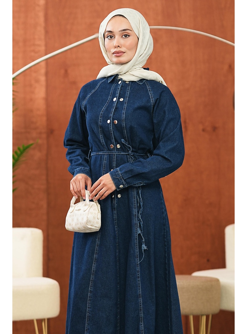 Koyu Mavi Bel Bağlamalı Çıtçıtlı Kot Elbise - Resim 3