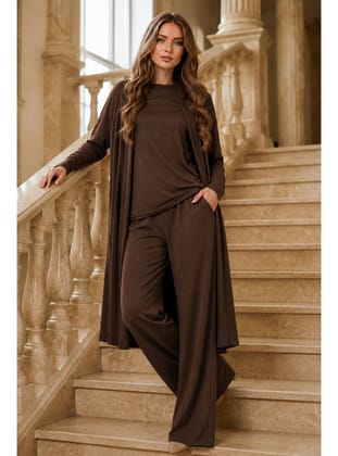 3 Lü Abaya Takım M5319 Kahverengi