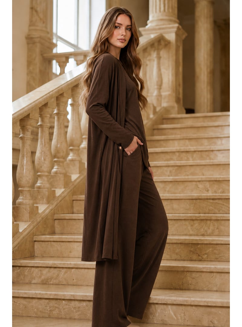 3 Lü Abaya Takım M5319 Kahverengi - Resim 2