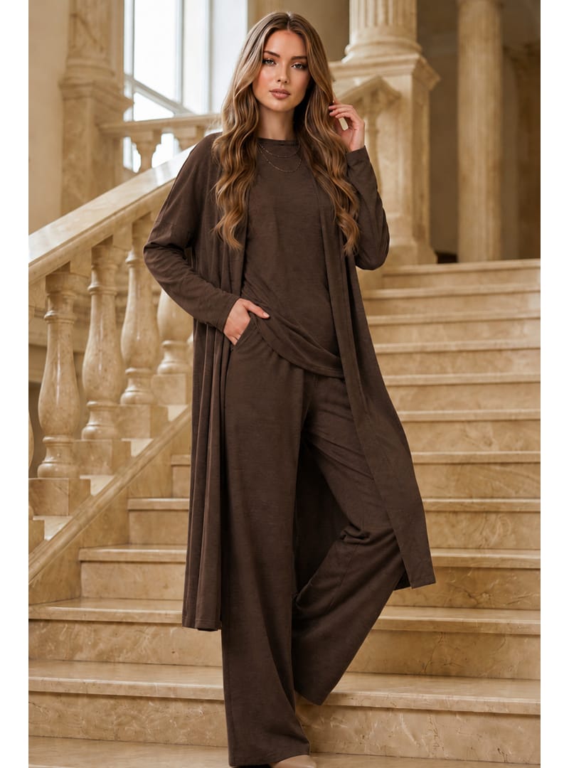 3 Lü Abaya Takım M5319 Kahverengi - Resim 3