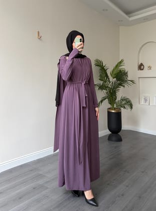 1513 - Seyyar Kemerli Sandy Kumaş Elbise Lila