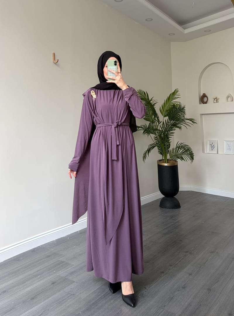 1513 - Seyyar Kemerli Sandy Kumaş Elbise Lila - Resim 3