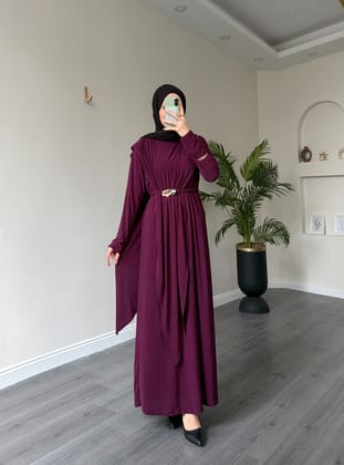 1513 - Seyyar Kemerli Sandy Kumaş Elbise Mürdüm