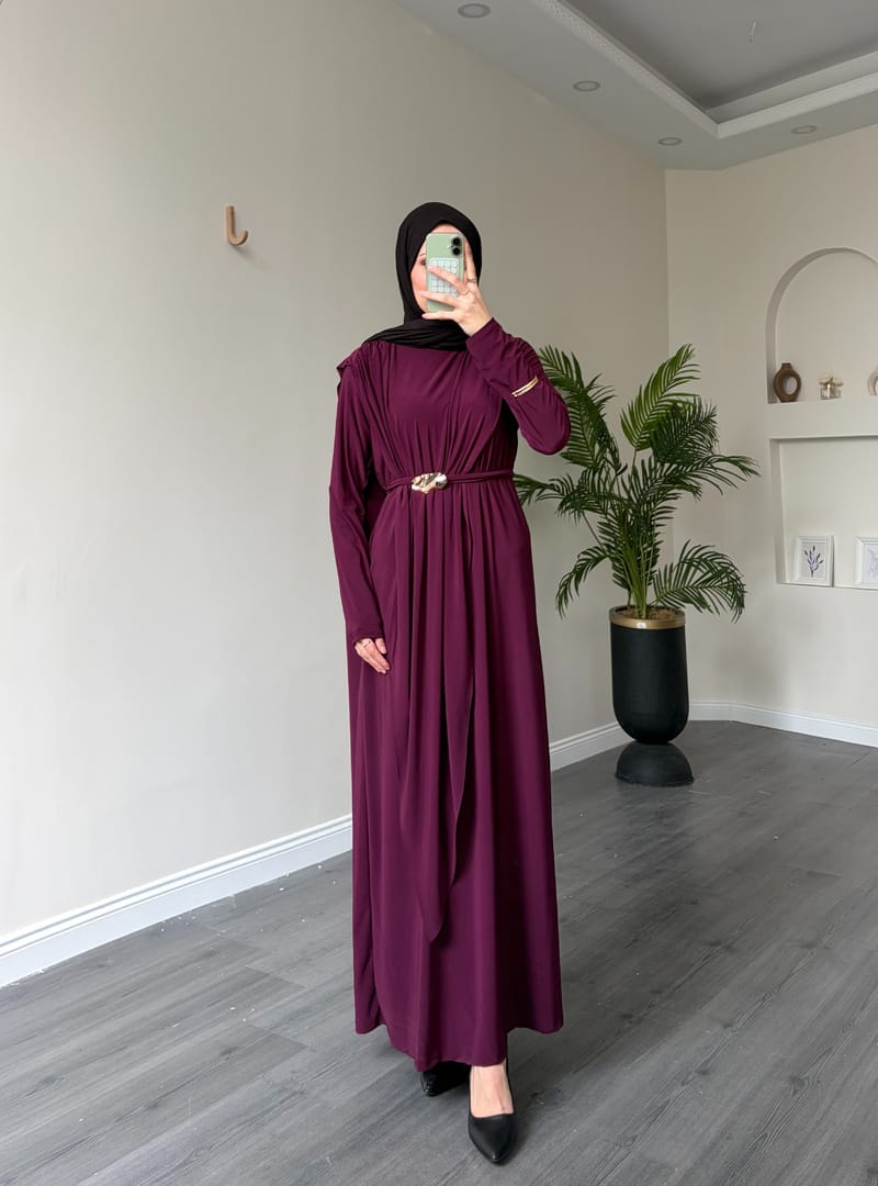 1513 - Seyyar Kemerli Sandy Kumaş Elbise Mürdüm - Resim 3