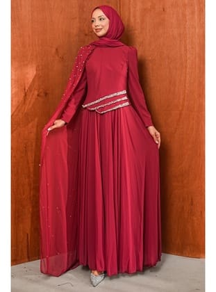 Bordo İnci İşlemeli Pelerinli Abiye