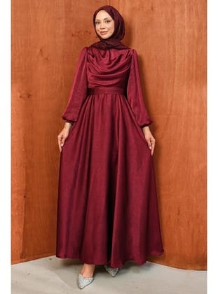 Bordo Bel Kuşaklı Desenli Saten Abiye