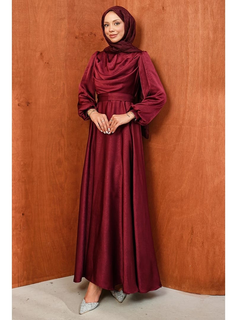 Bordo Bel Kuşaklı Desenli Saten Abiye - Resim 3