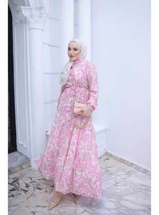 Pembe Yarım Düğmeli Kol Lastikli Eteği Katlı Elbise