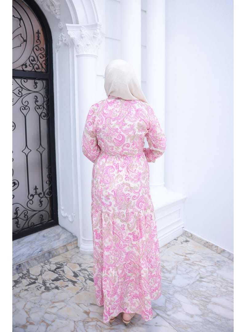 Pembe Yarım Düğmeli Kol Lastikli Eteği Katlı Elbise - Resim 4