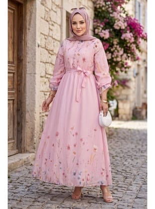 Çiçek Desenli Astarlı Kuşaklı Elbise Pembe HM2923